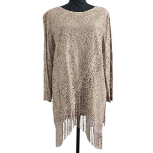 VTG Elegant Floral Lace Fringe Tunic Top Taupe Beige Boho Chic Womens Size Large